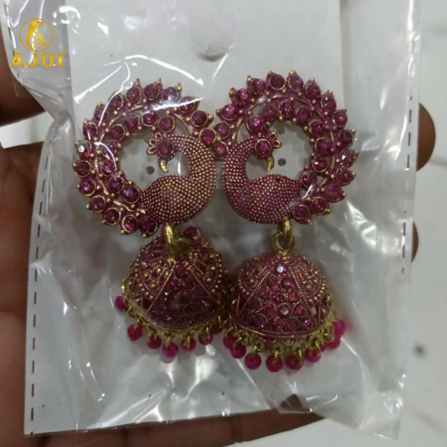 Peacock Motif Ruby-Tone Jhumka Earrings in Antique Gold Finish - Image 7