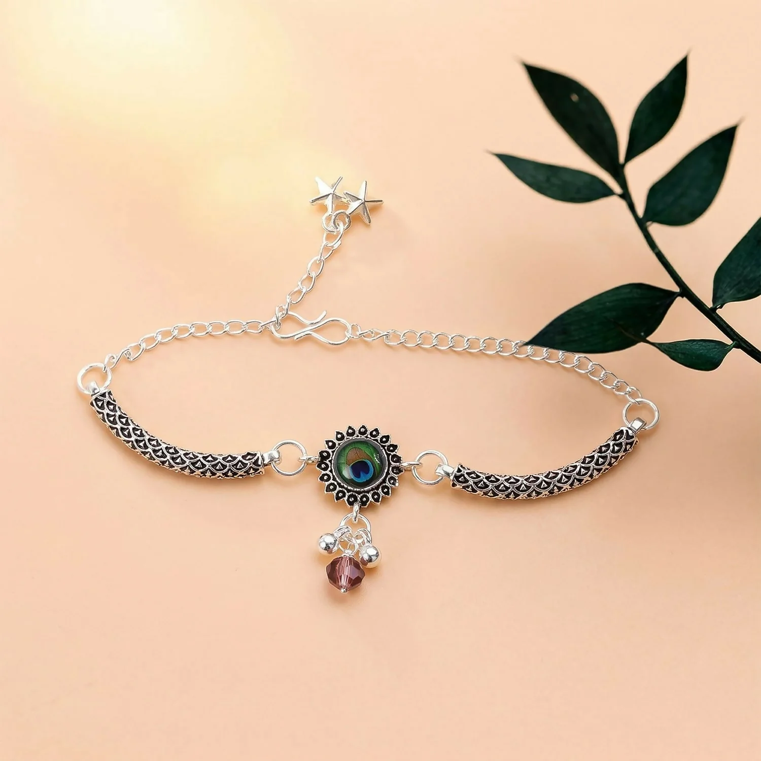 Peacock Stone Silver Charm Bracelet with Adjustable Chain for Women - Image 2