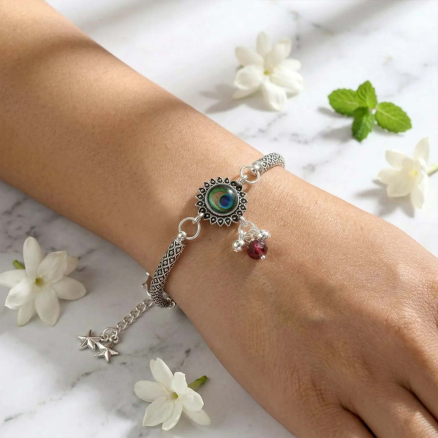 Peacock Stone Silver Charm Bracelet with Adjustable Chain for Women - Image 4