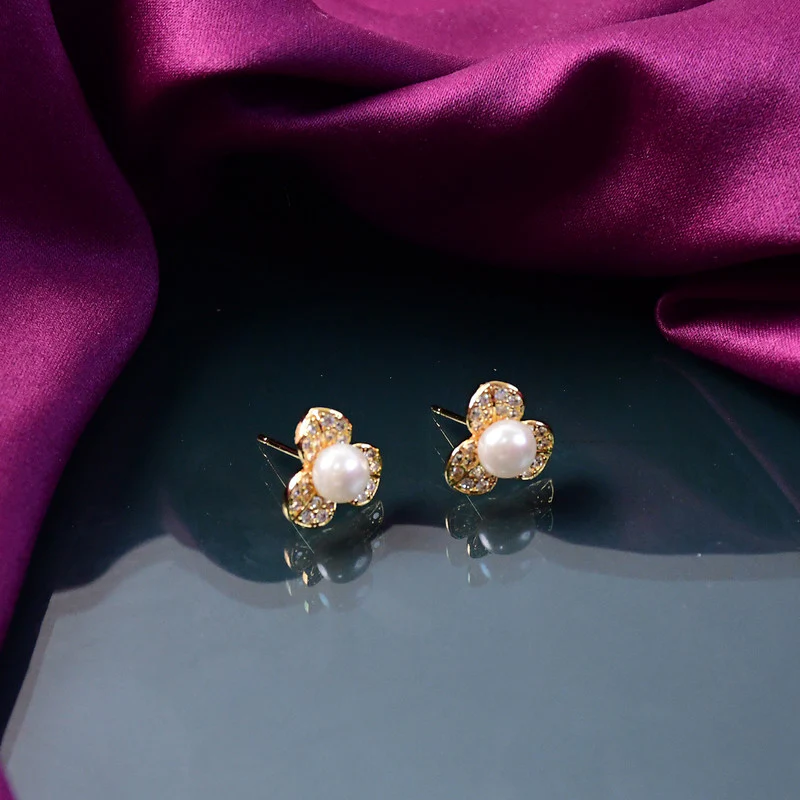 Pearl Center Clover Design Stud Earrings with Gold Finish for Women - Image 2