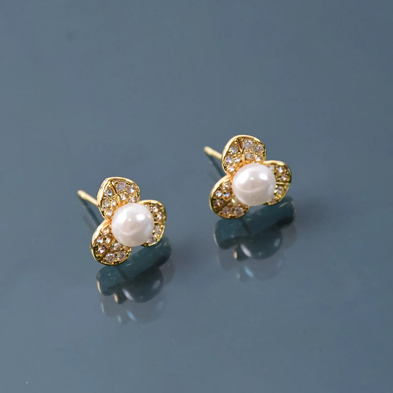 Pearl Center Clover Design Stud Earrings with Gold Finish for Women - Image 3