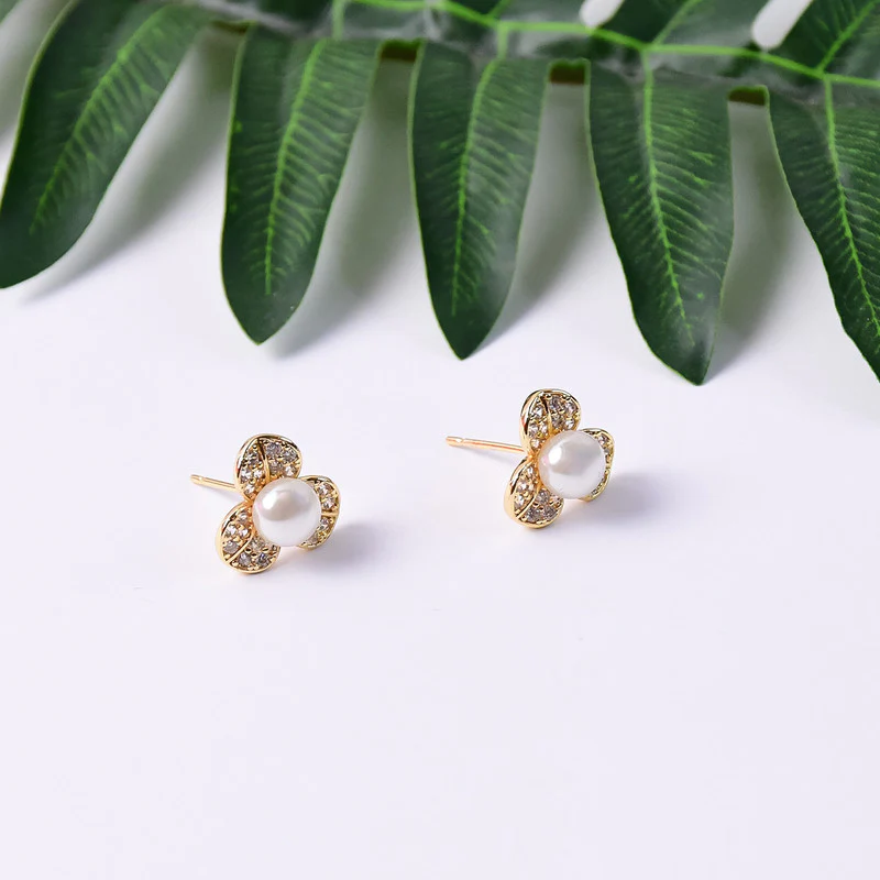 Pearl Center Clover Design Stud Earrings with Gold Finish for Women - Image 5