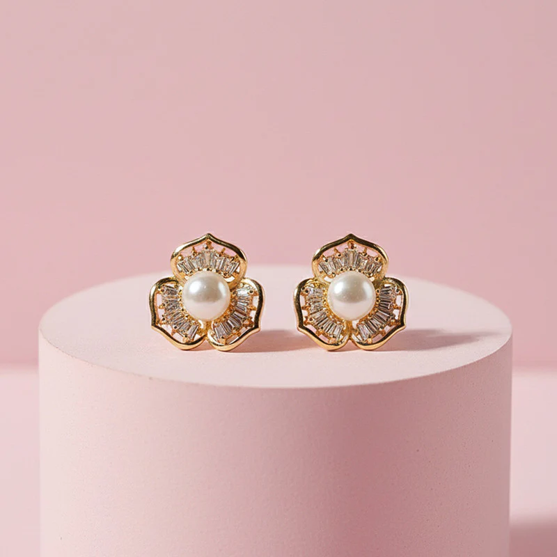 Pearl Center Floral Stud Earrings with Crystal Detailing and Gold Finish - Image 2