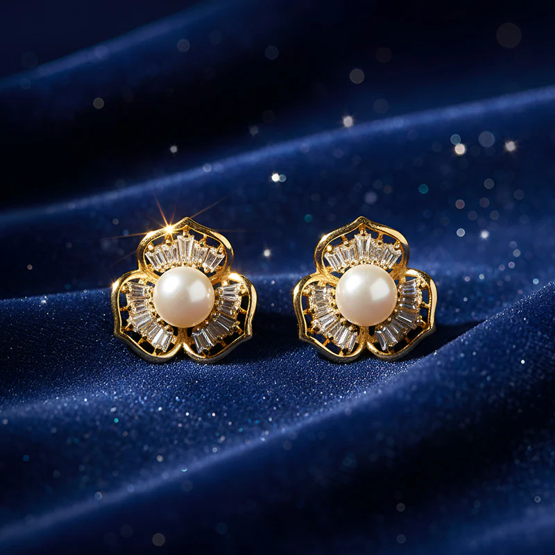 Pearl Center Floral Stud Earrings with Crystal Detailing and Gold Finish - Image 3