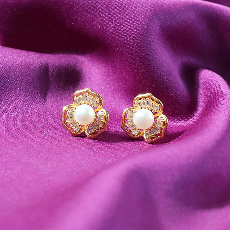 Pearl Center Floral Stud Earrings with Crystal Detailing and Gold Finish - Image 4