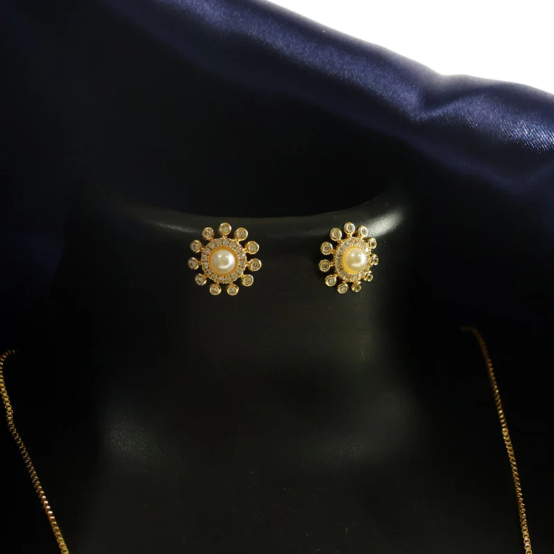 Pearl Center Floral Stud Earrings with Gold Finish for Women - Image 2