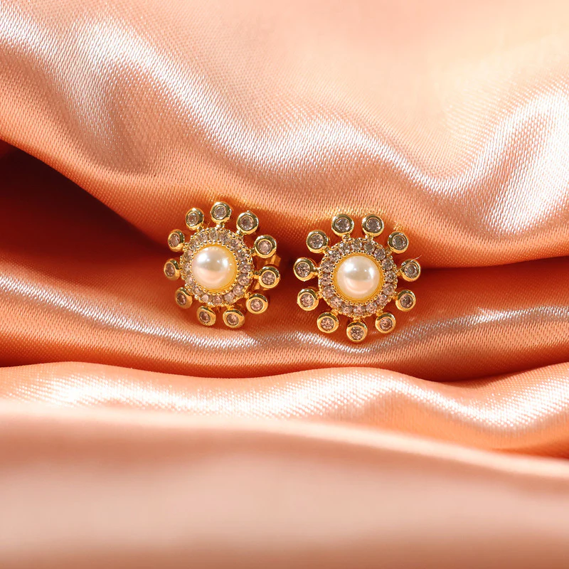 Pearl Center Floral Stud Earrings with Gold Finish for Women - Image 3