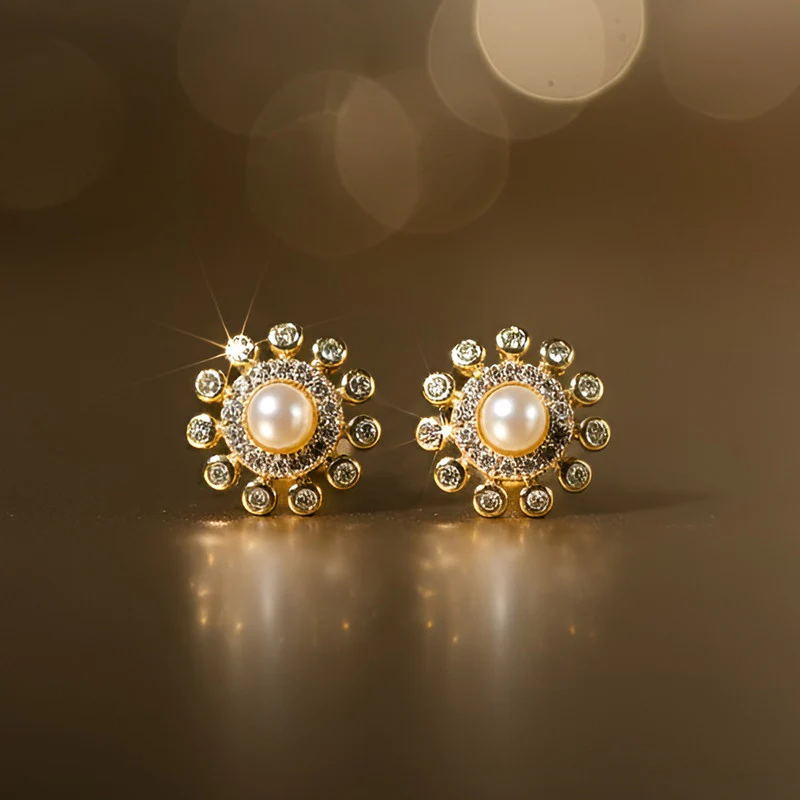 Pearl Center Floral Stud Earrings with Gold Finish for Women - Image 5