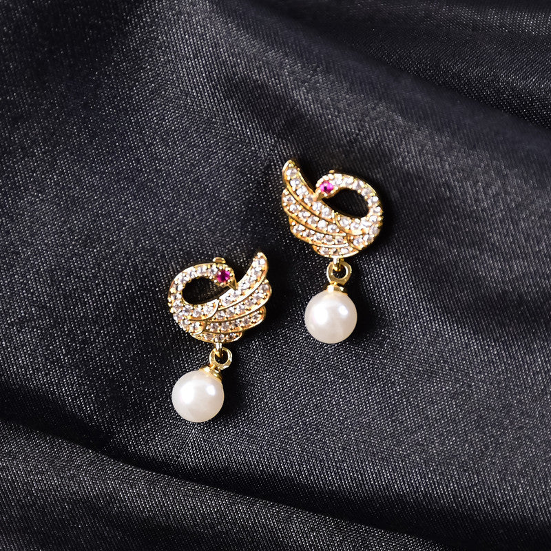 Pearl Drop Swan Design Stud Earrings with Crystal Detailing and Gold Finish - Image 3