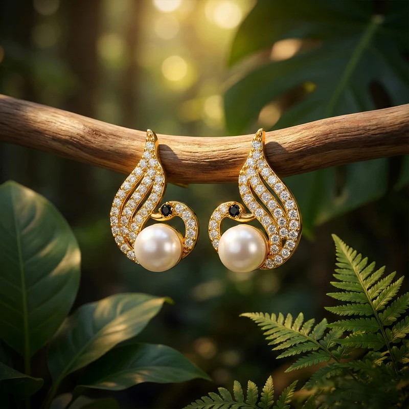 Pearl Swan Stud Earrings with Crystal Wings and Gold Finish for Women - Image 2