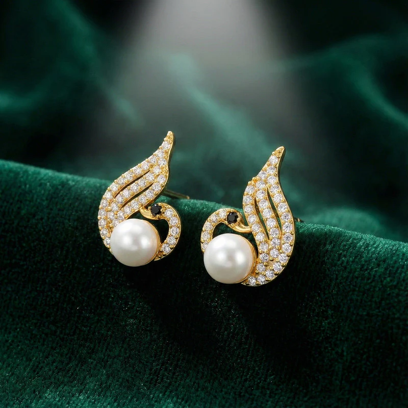 Pearl Swan Stud Earrings with Crystal Wings and Gold Finish for Women - Image 3