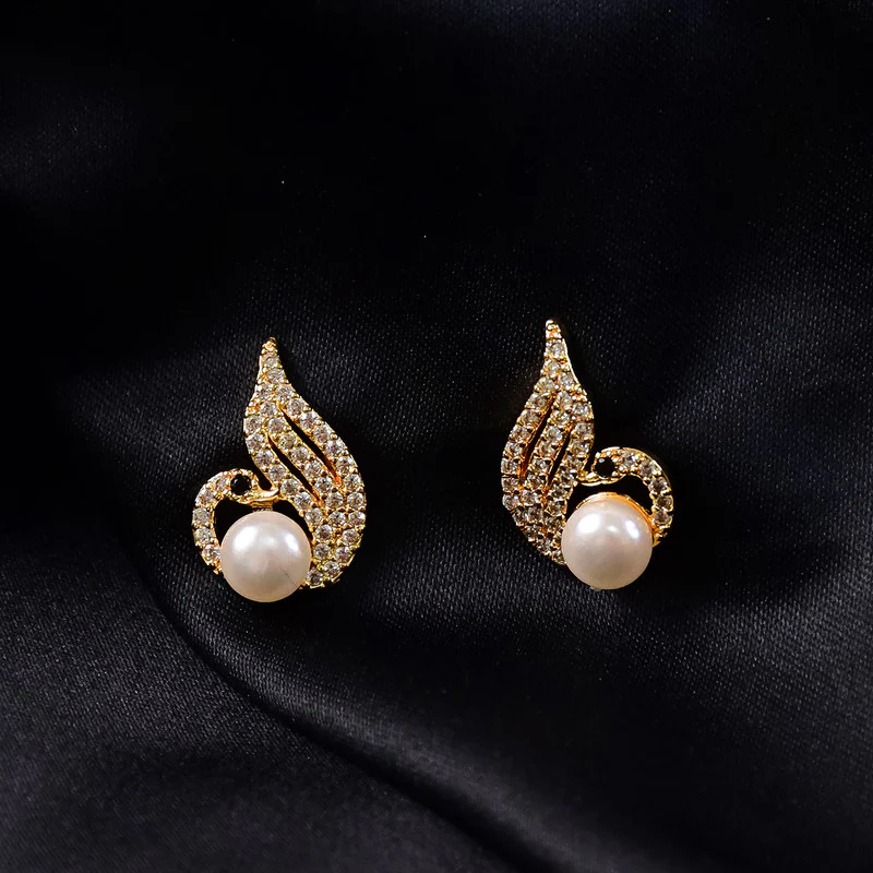 Pearl Swan Stud Earrings with Crystal Wings and Gold Finish for Women - Image 4