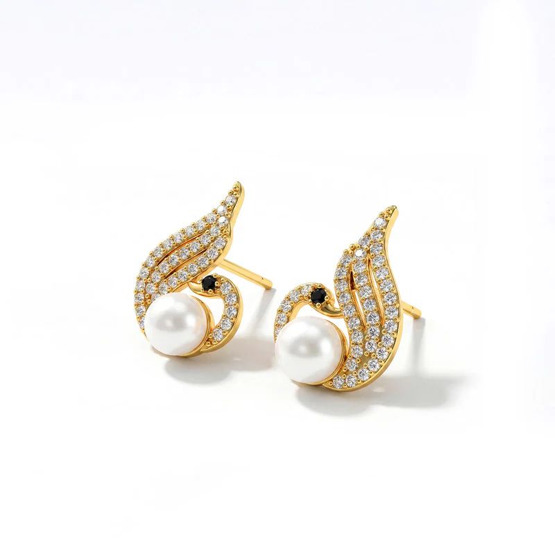 Pearl Swan Stud Earrings with Crystal Wings and Gold Finish for Women - Image 5