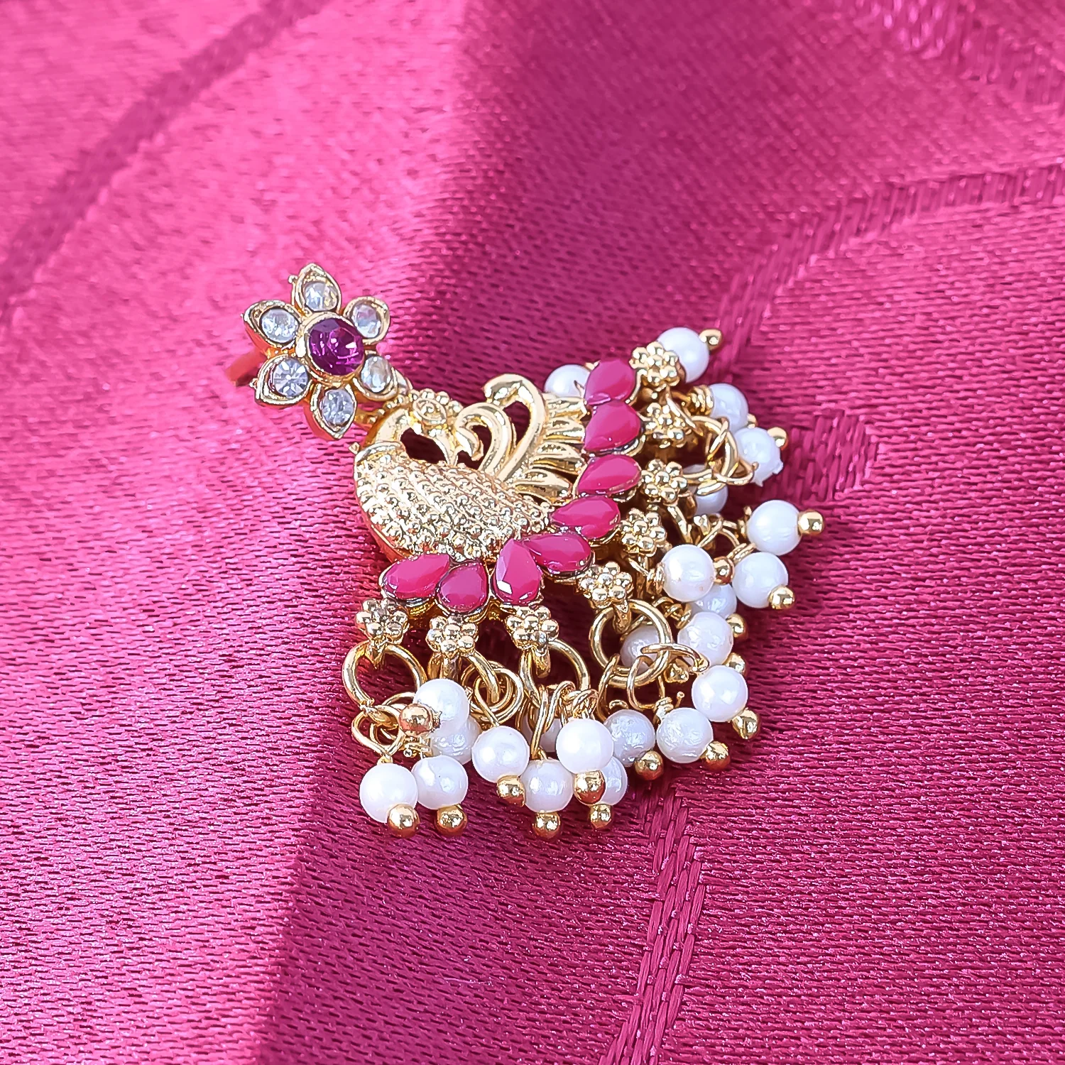 Pearls Pink Dangle Ethnic Earrings For Women - Image 2
