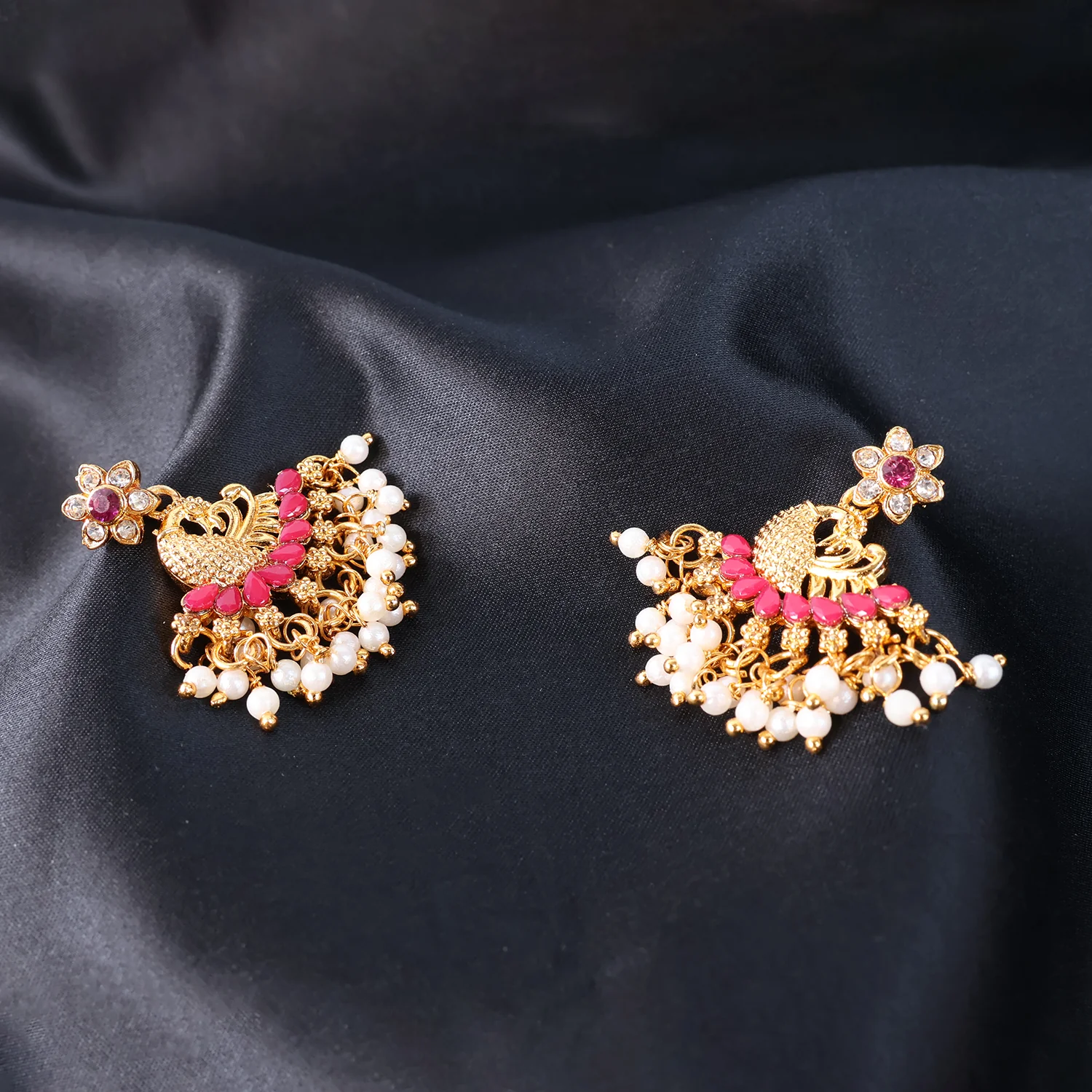 Pearls Pink Dangle Ethnic Earrings For Women - Image 3