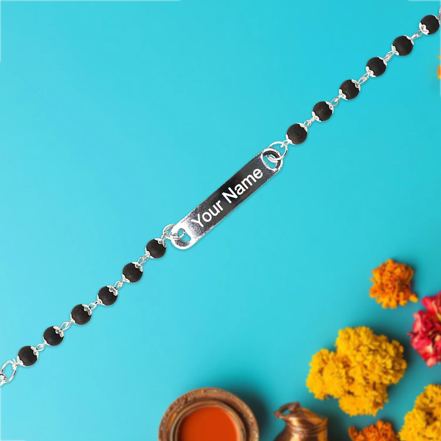 Custom Black Bead Name Bracelet – Personalized Silver Plate Bracelet for Men - Image 3