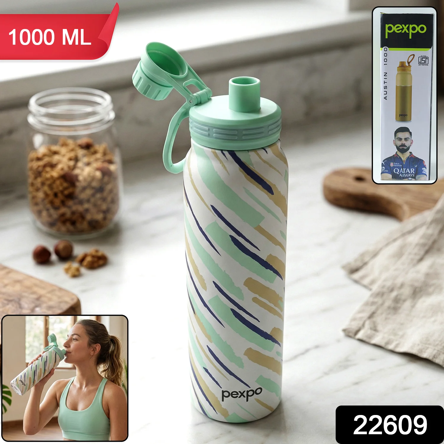 Pexpo Austin Art Stainless Steel Water Bottle 1000 ML (1 Pc) - Image 2