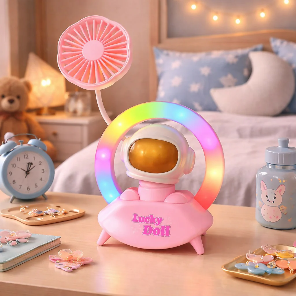 Pink Astronaut Desk Lamp with Fan & Color Light Ring Table Decor - Image 2
