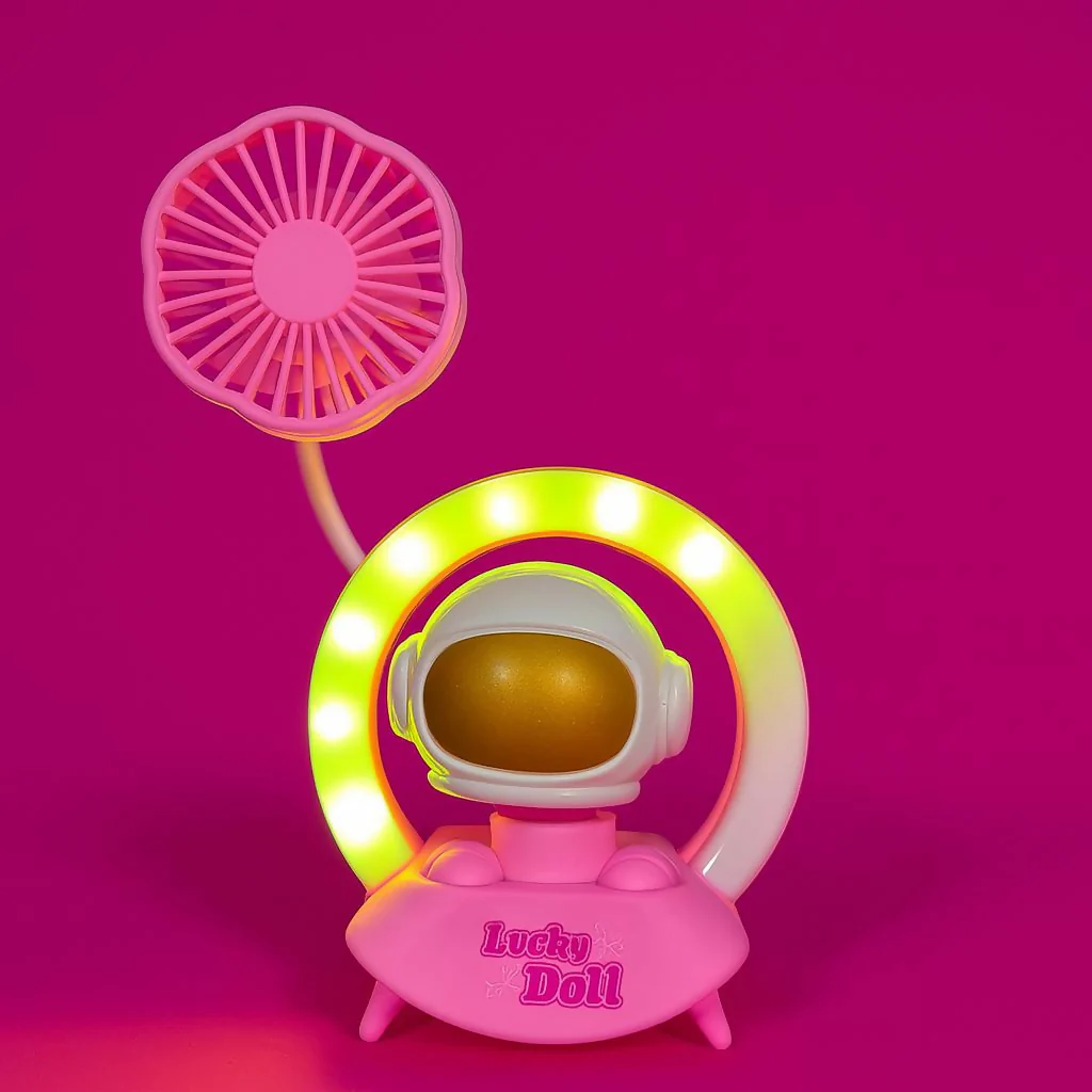 Pink Astronaut Desk Lamp with Fan & Color Light Ring Table Decor - Image 3