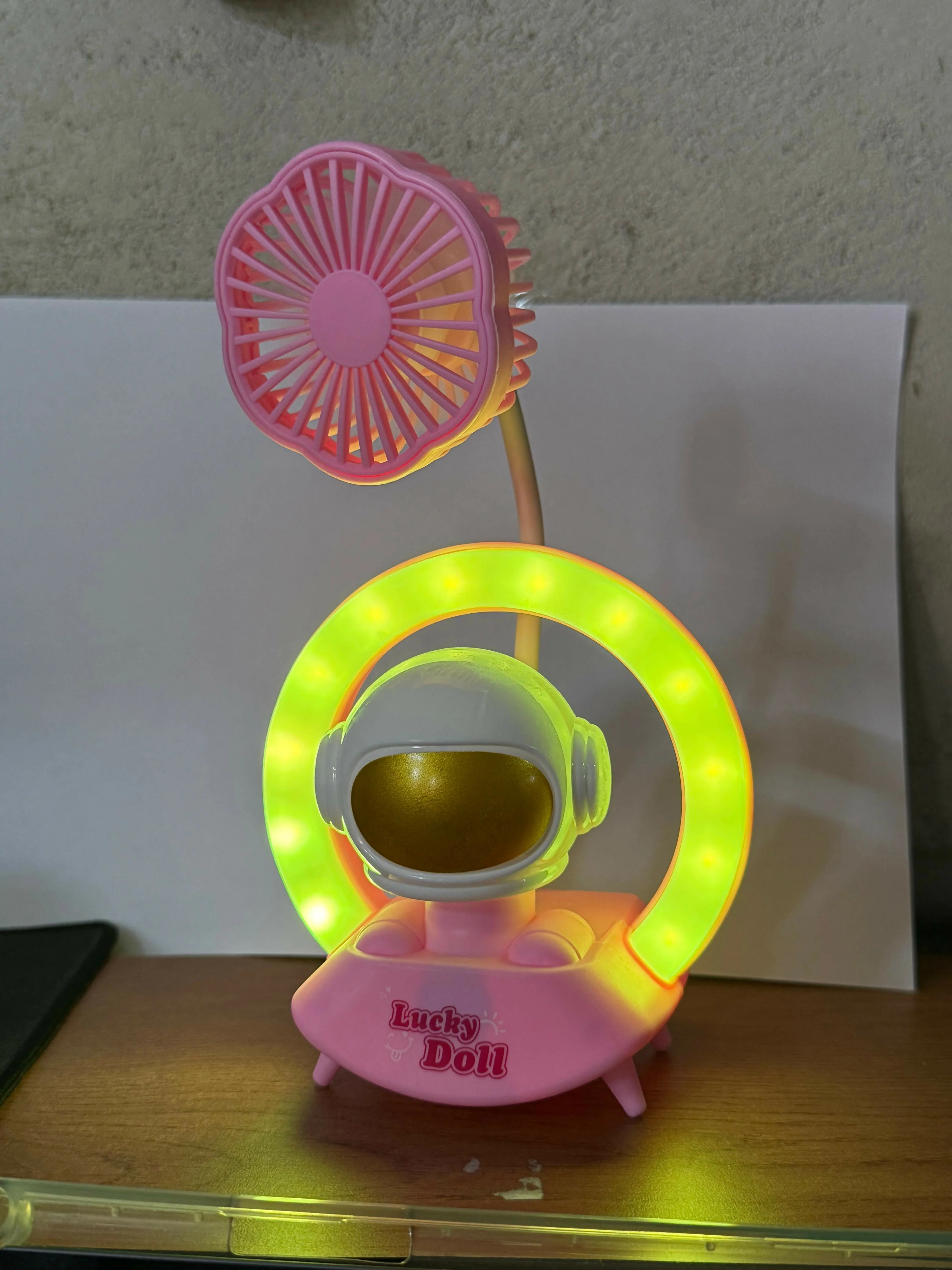 Pink Astronaut Desk Lamp with Fan & Color Light Ring Table Decor - Image 7