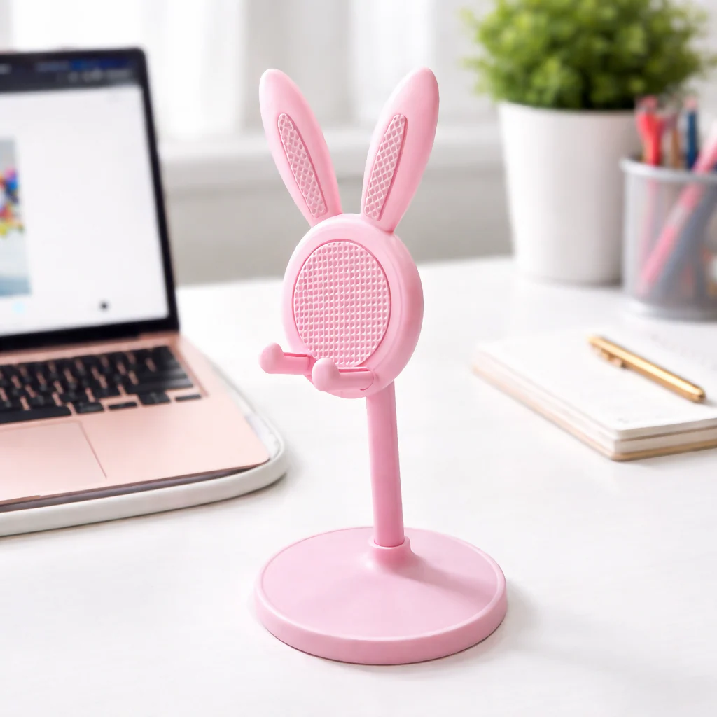 Pink Bunny Ear Adjustable Mobile Phone Stand Holder for Desk - Image 3