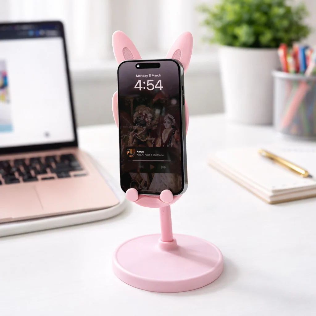 Pink Bunny Ear Adjustable Mobile Phone Stand Holder for Desk - Image 4