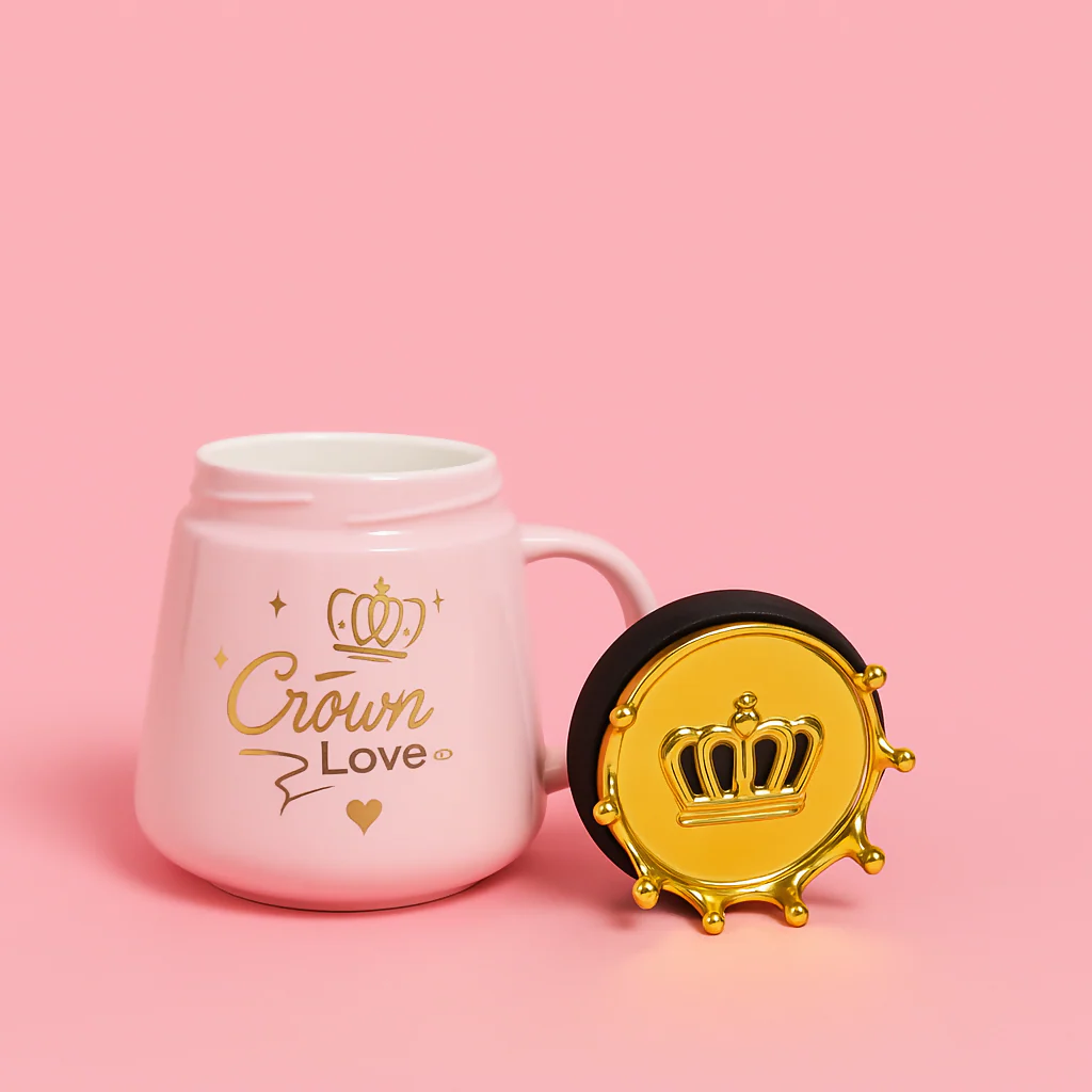 Pink Ceramic “Crown Love” Mug with 3D Golden Crown Lid - Image 2