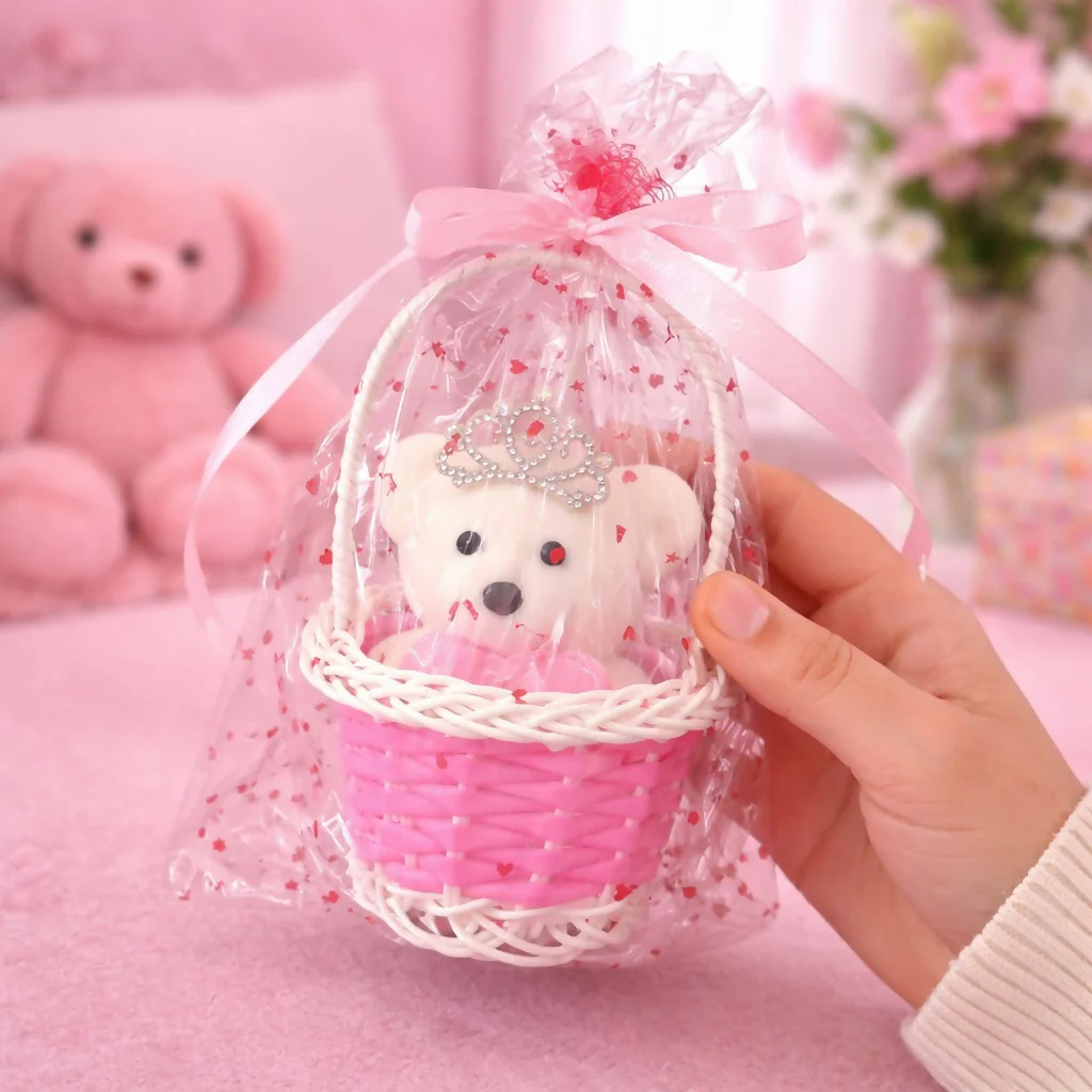 Pink Cute Teddy Basket Gift Set with Crown and Decorative Wrap - Image 2