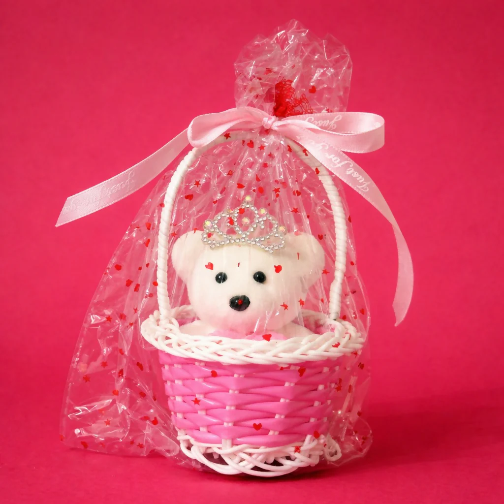 Pink Cute Teddy Basket Gift Set with Crown and Decorative Wrap - Image 3