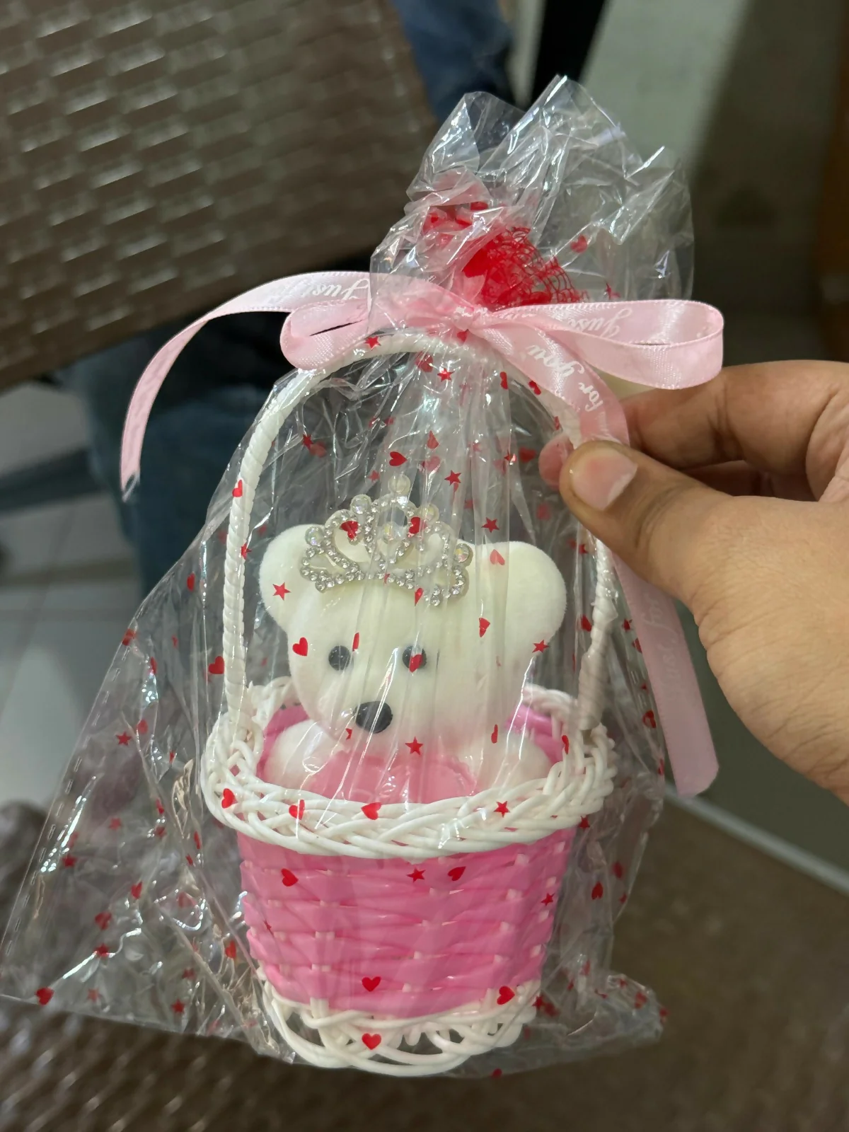 Pink Cute Teddy Basket Gift Set with Crown and Decorative Wrap - Image 5