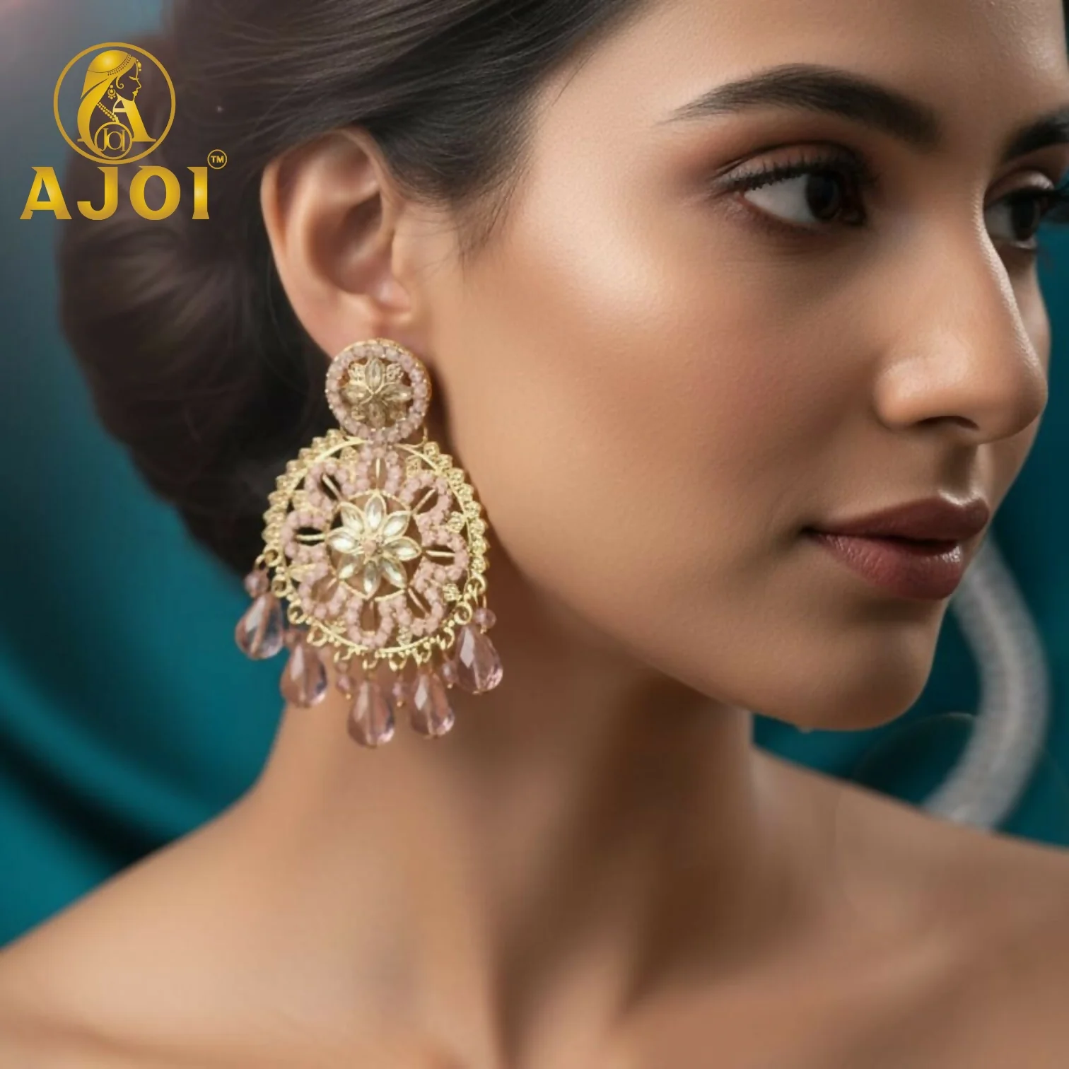 Pink Floral Beaded Earrings - Image 2