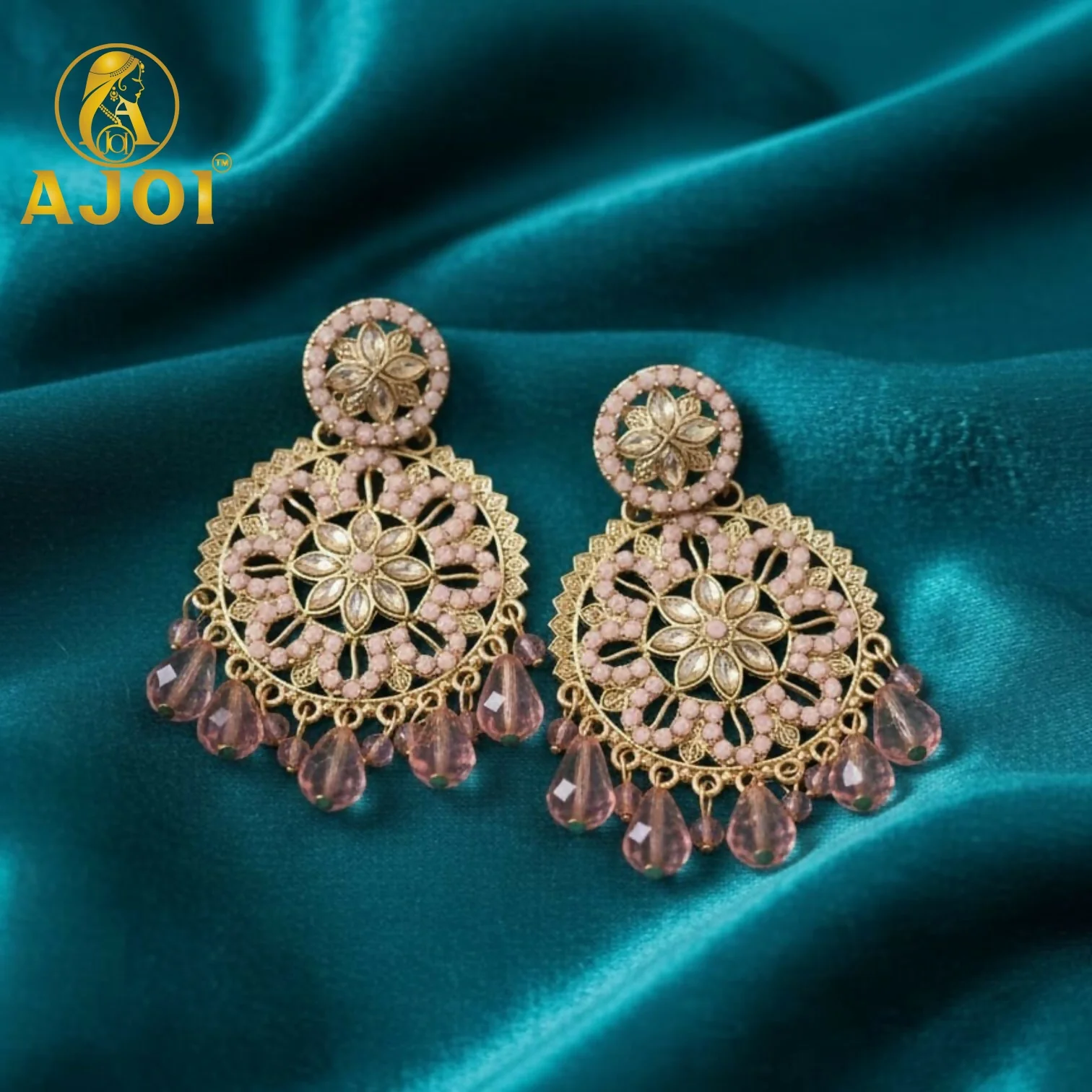 Pink Floral Beaded Earrings - Image 3