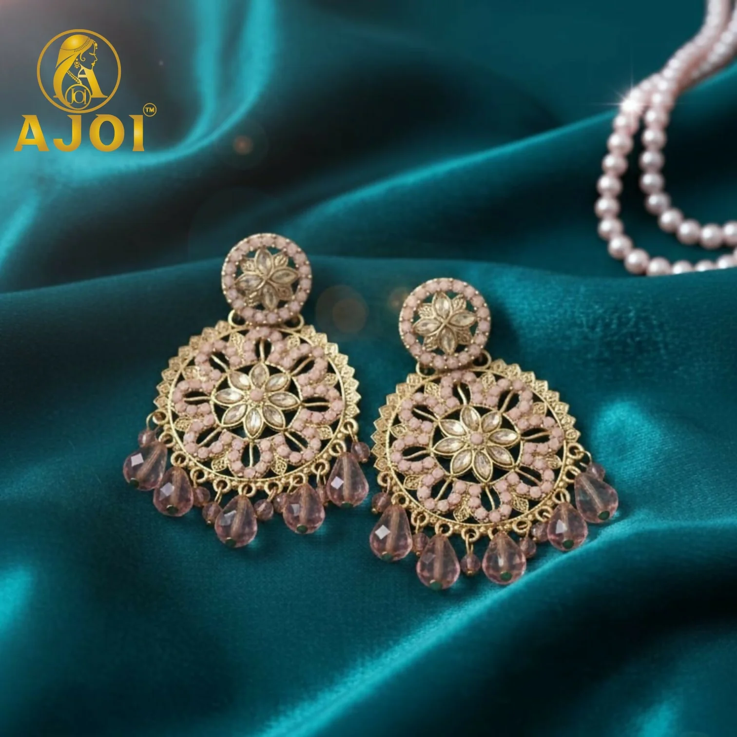 Pink Floral Beaded Earrings - Image 4