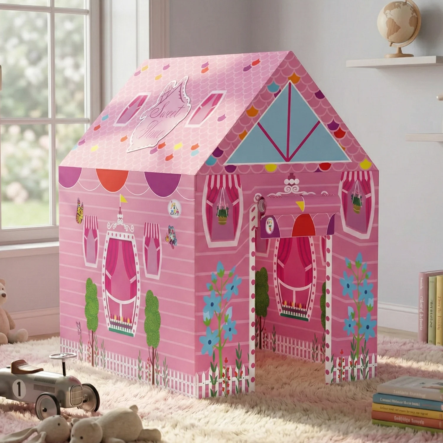 Pink Foldable Kids Play Tent House with Printed Home Design for Indoor & Outdoor Fun - Image 2