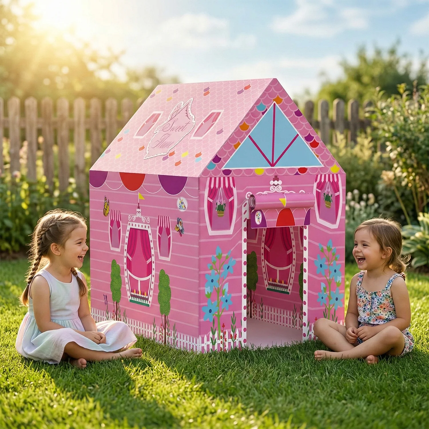 Pink Foldable Kids Play Tent House with Printed Home Design for Indoor & Outdoor Fun - Image 3