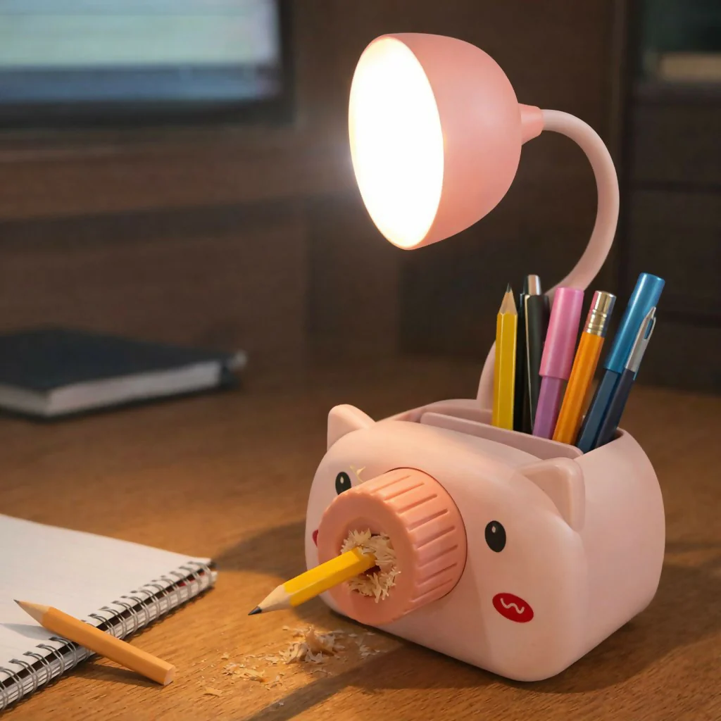 Pink Kids Desk Lamp with Pencil Sharpener and Pen Holder Study Table Light - Image 2