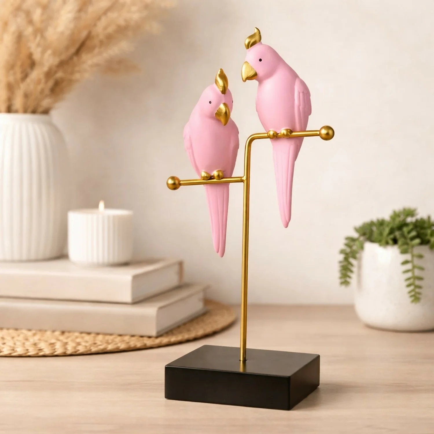 Pink Love Birds Decorative poly-resin Showpiece with Gold Stand for Home Décor - Image 2