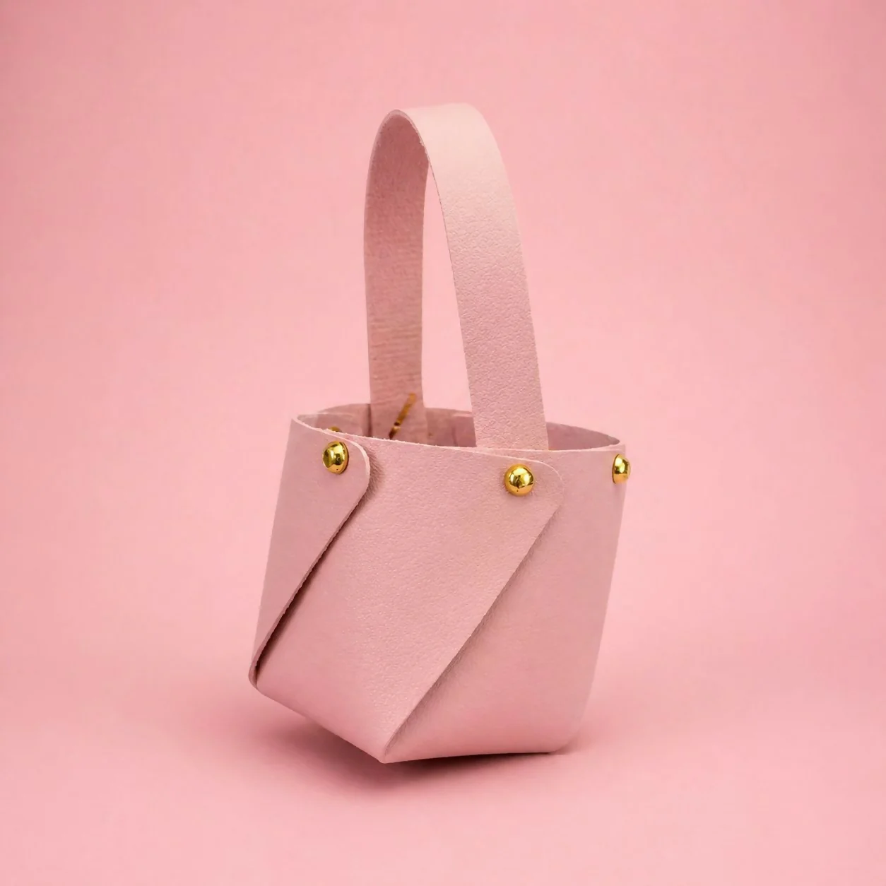 Pink Mini Bucket Handbag with Handle and Stud Detail Compact Size - Image 3