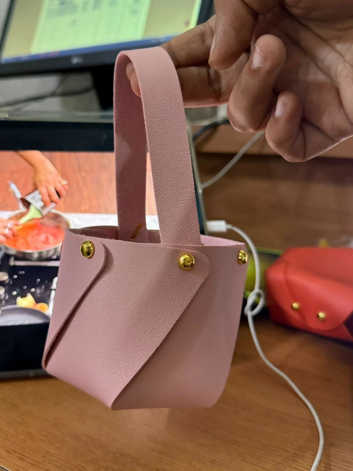 Pink Mini Bucket Handbag with Handle and Stud Detail Compact Size - Image 6