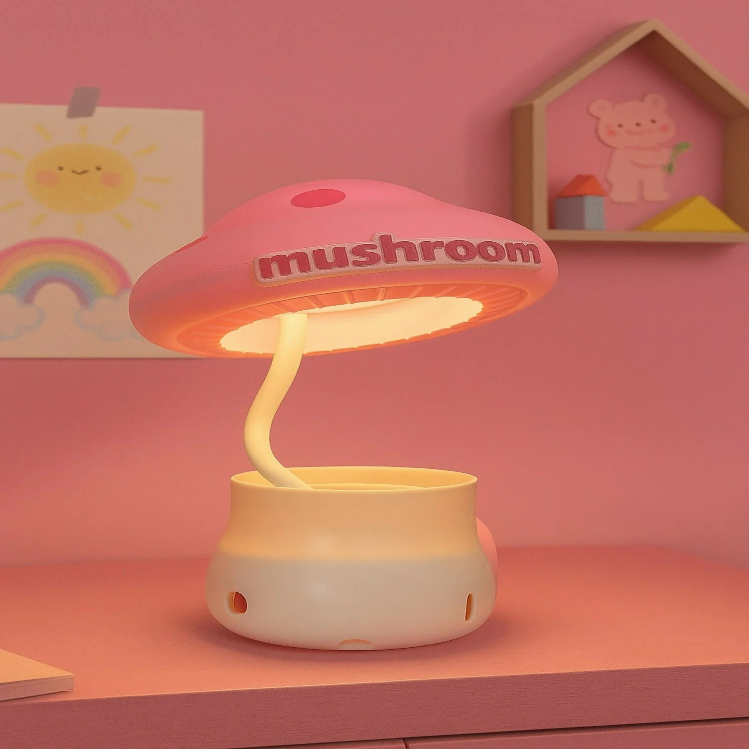 Pink Mushroom Study Table Lamp with Pencil Sharpener & USB Charging - Image 3