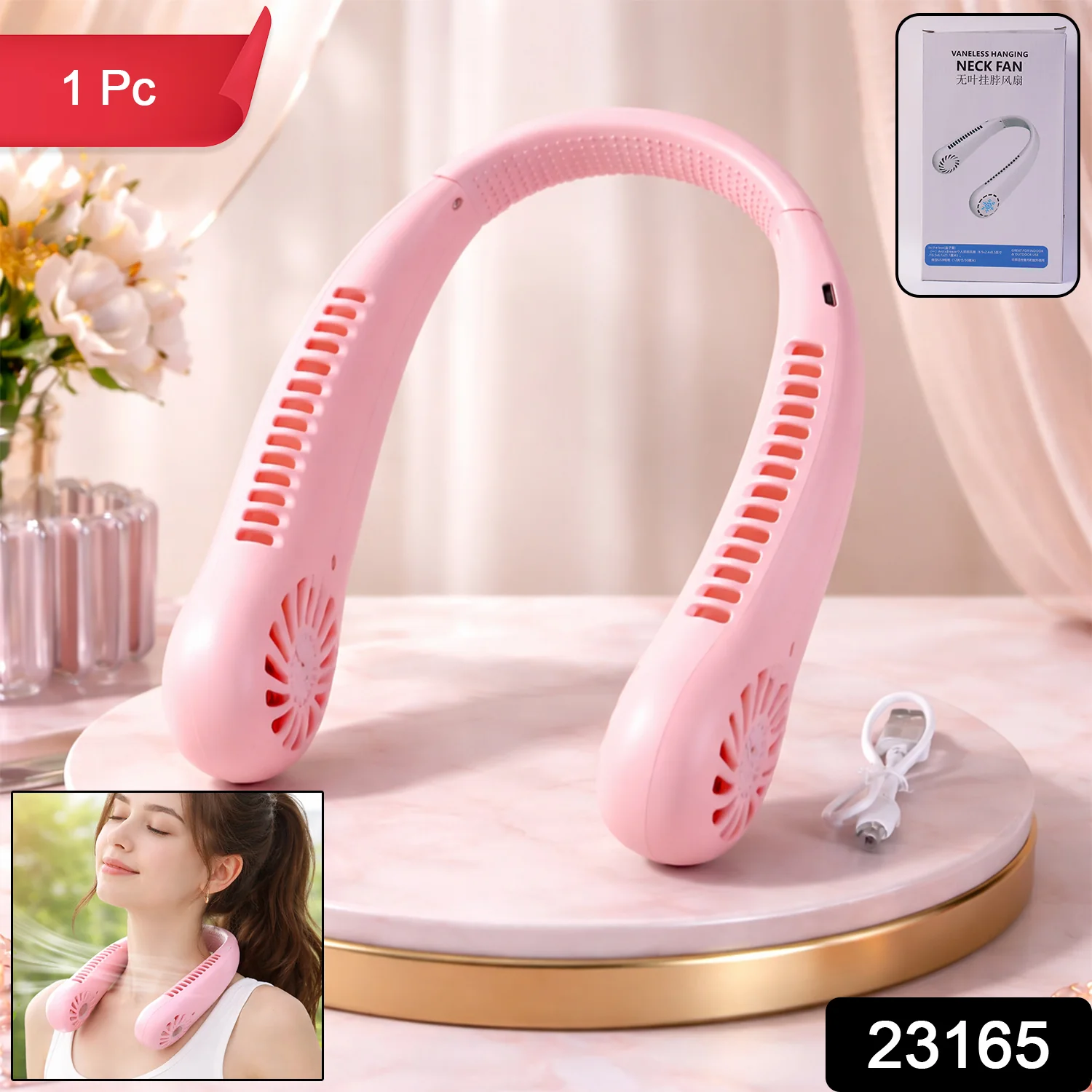 Portable Rechargeable Neck Fan (1 Pc, Pink Color) - Image 2