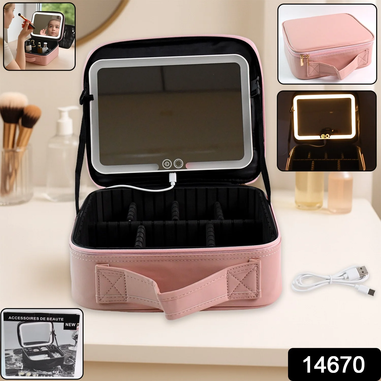 Pink Premium LED Light Makeup Organizer Box (1 Pc) - Image 2