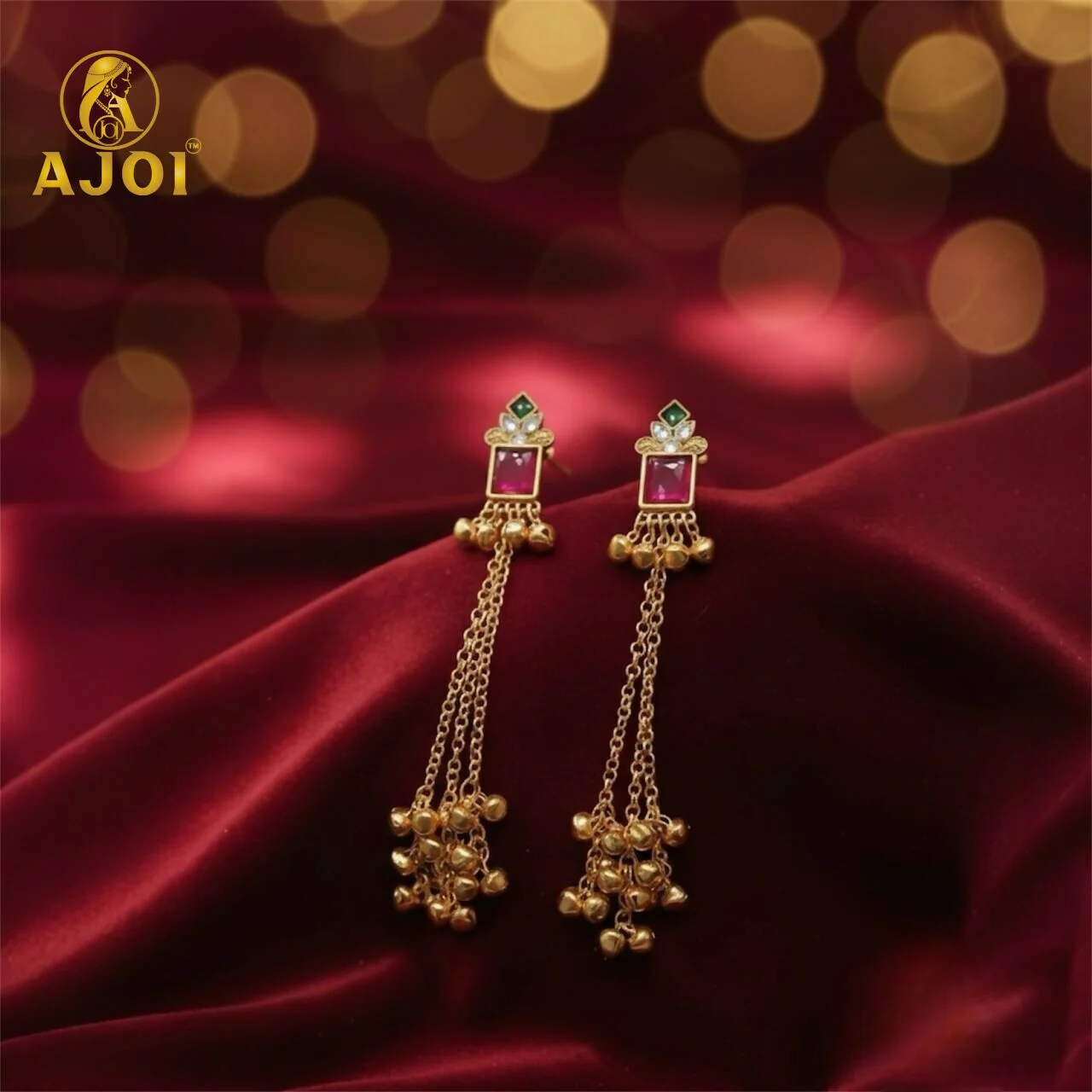 Pink Stone Kashmiri Long Chain Ghungroo Earrings.