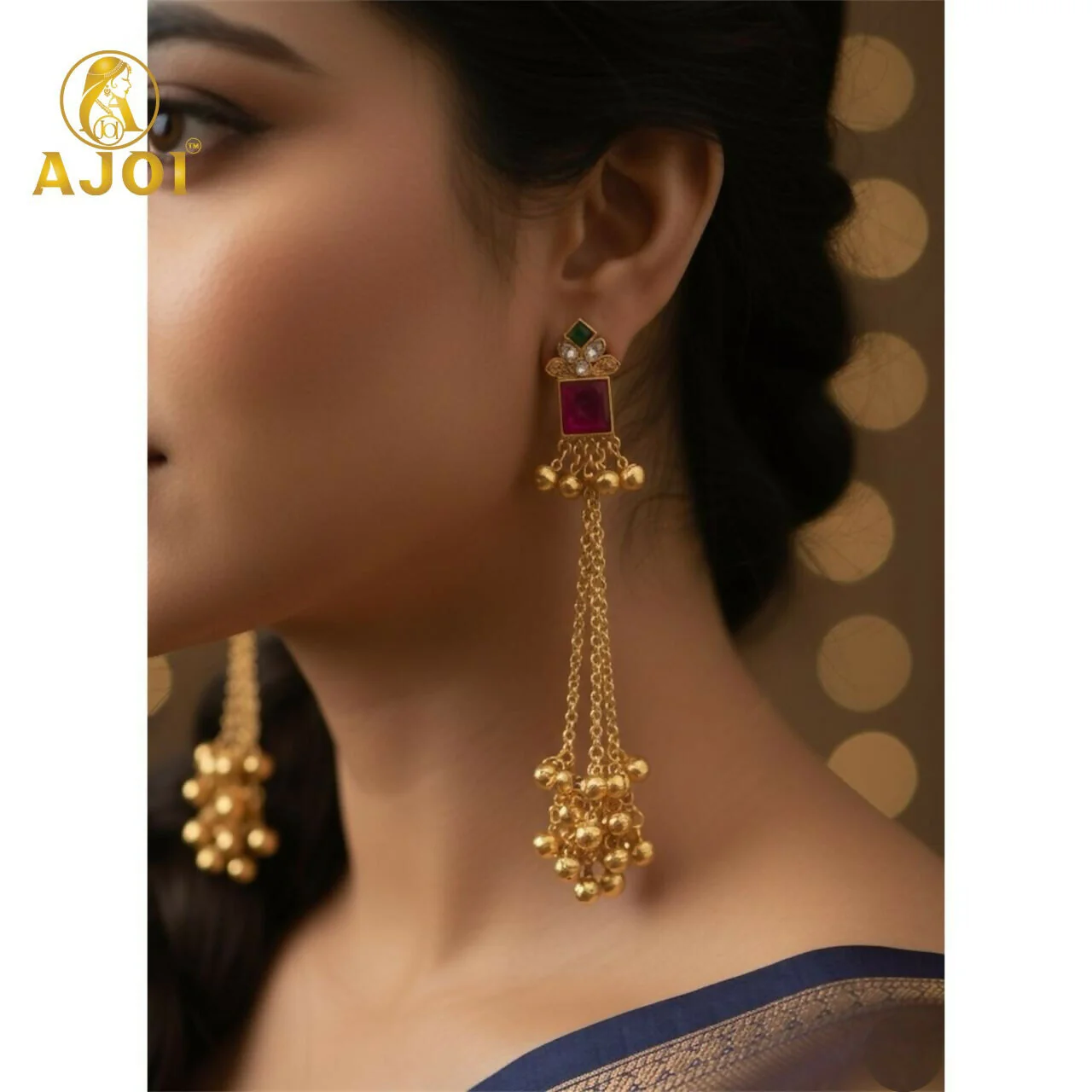 Pink Stone Kashmiri Long Chain Ghungroo Earrings. - Image 2