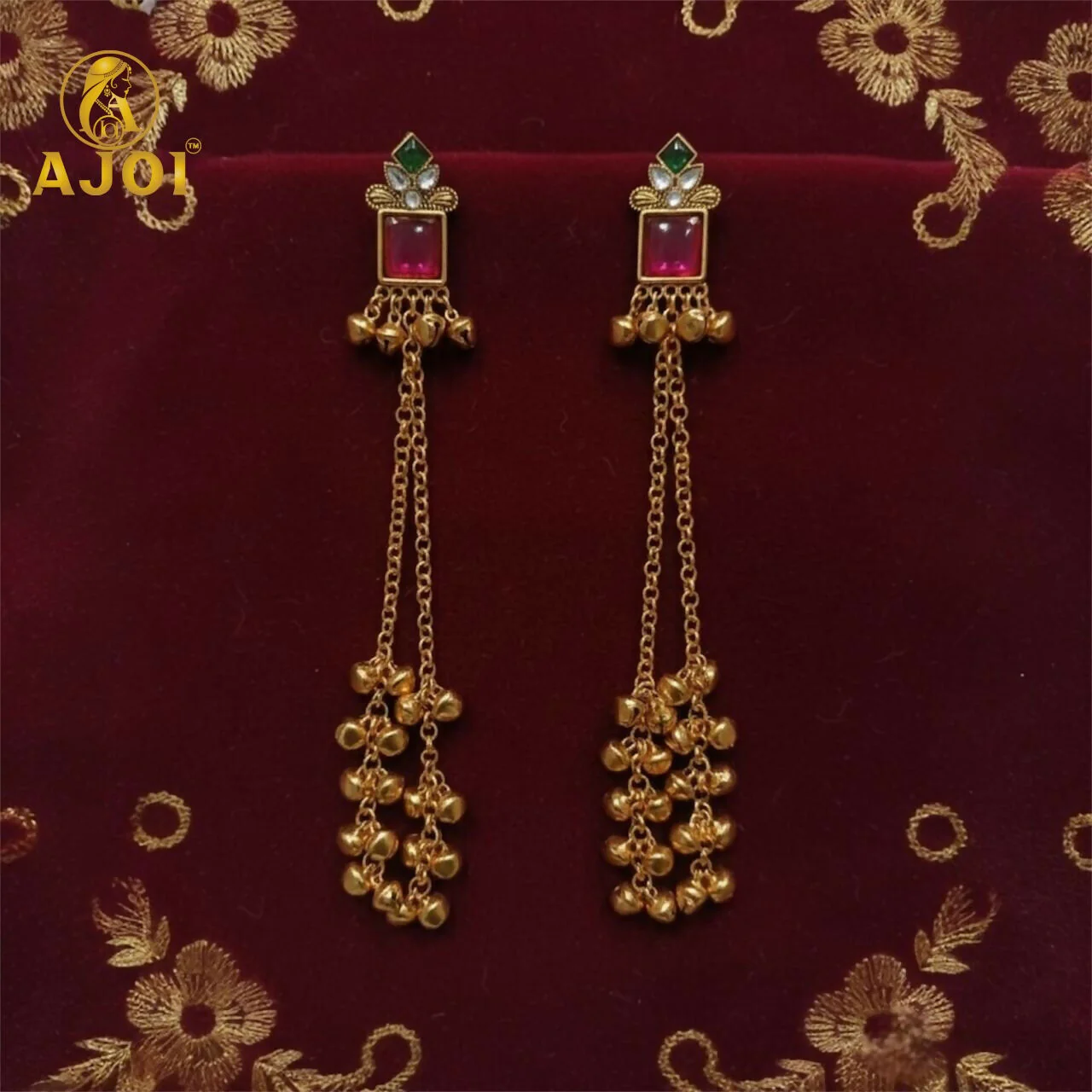 Pink Stone Kashmiri Long Chain Ghungroo Earrings. - Image 3