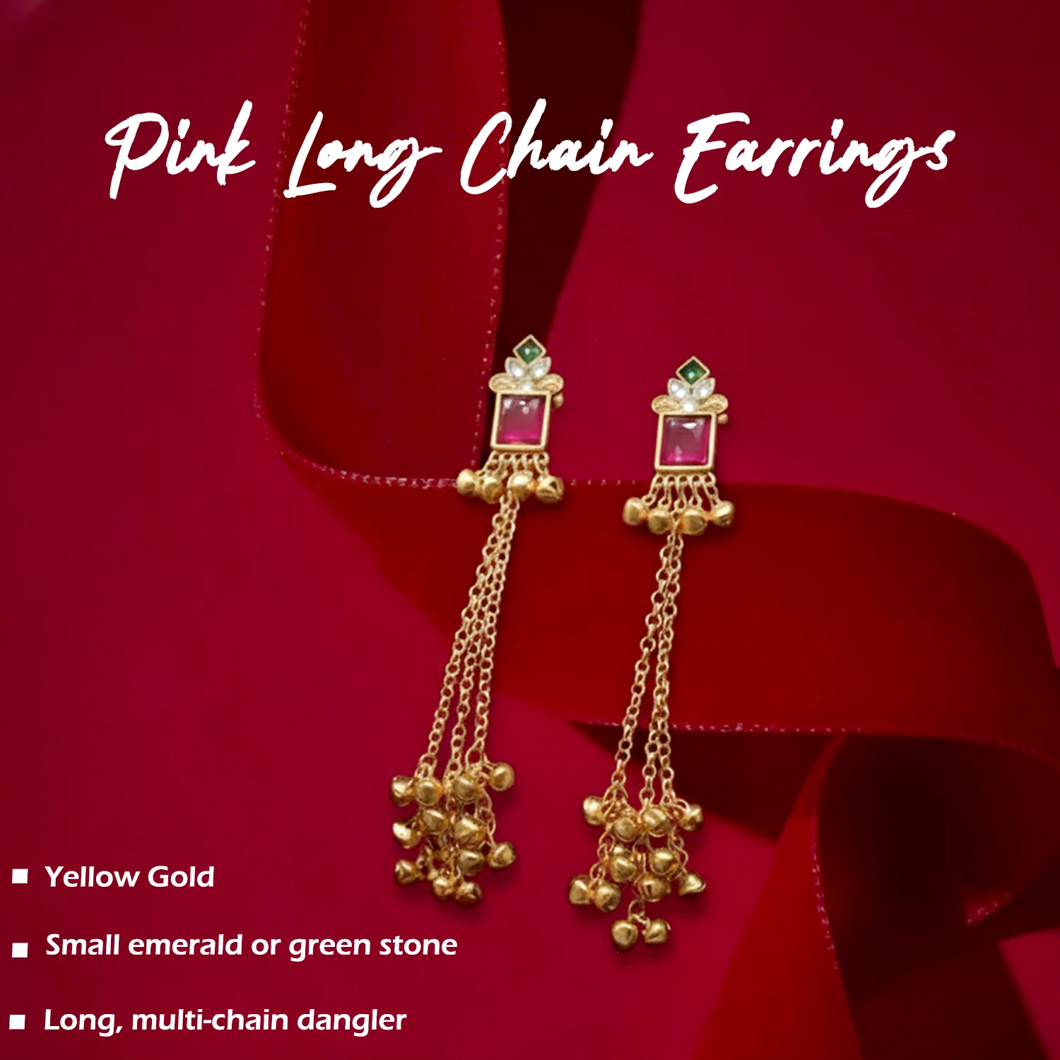 Pink Stone Kashmiri Long Chain Ghungroo Earrings. - Image 4