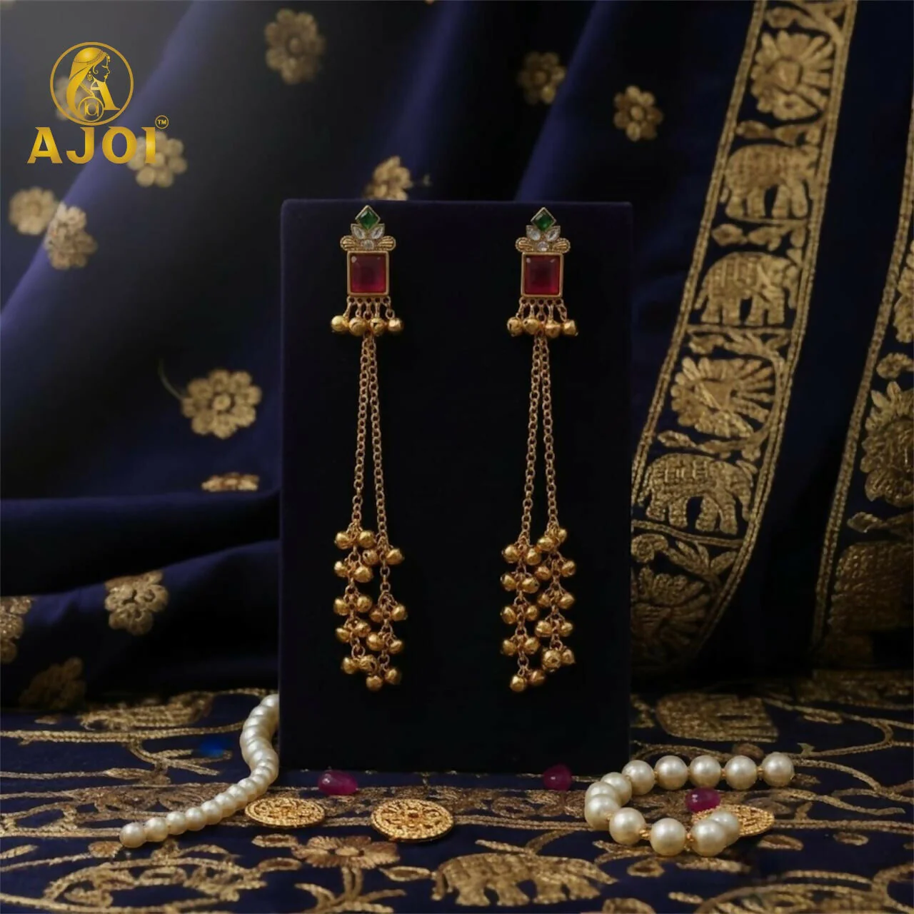 Pink Stone Kashmiri Long Chain Ghungroo Earrings. - Image 5