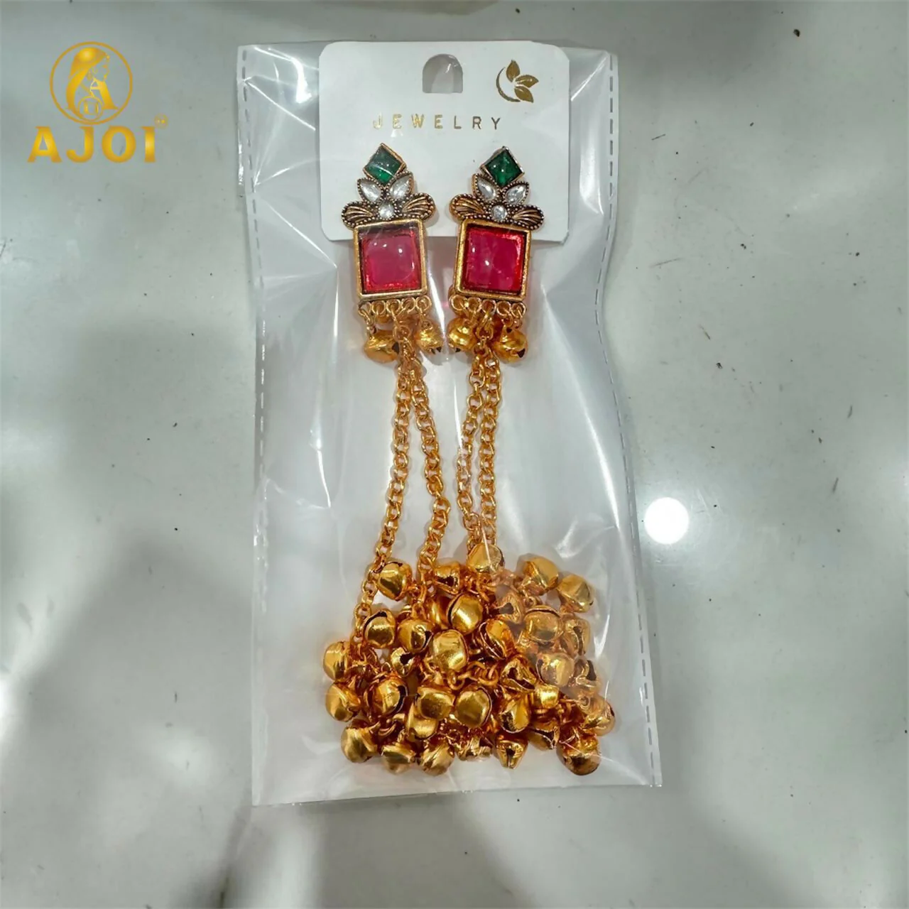 Pink Stone Kashmiri Long Chain Ghungroo Earrings. - Image 6