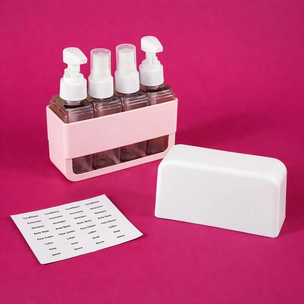 Pink Travel Refillable Bottle Set with Pump and Spray Dispensers - Image 3