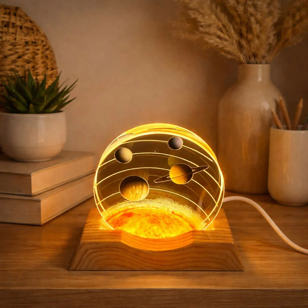Planet Orbit 3D Acrylic LED Night Lamp with Wooden Base for Home Decor - Image 2